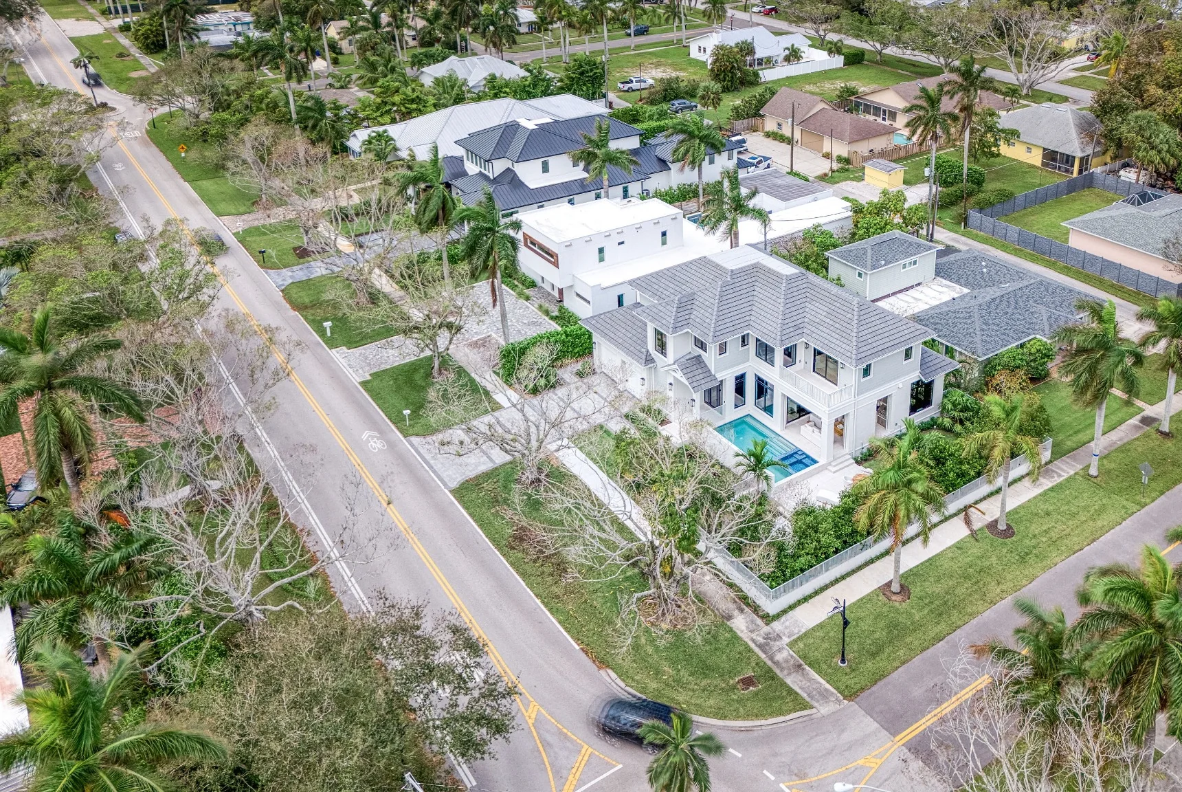 Aerial view showing the Lake Park Residence on its corner lot